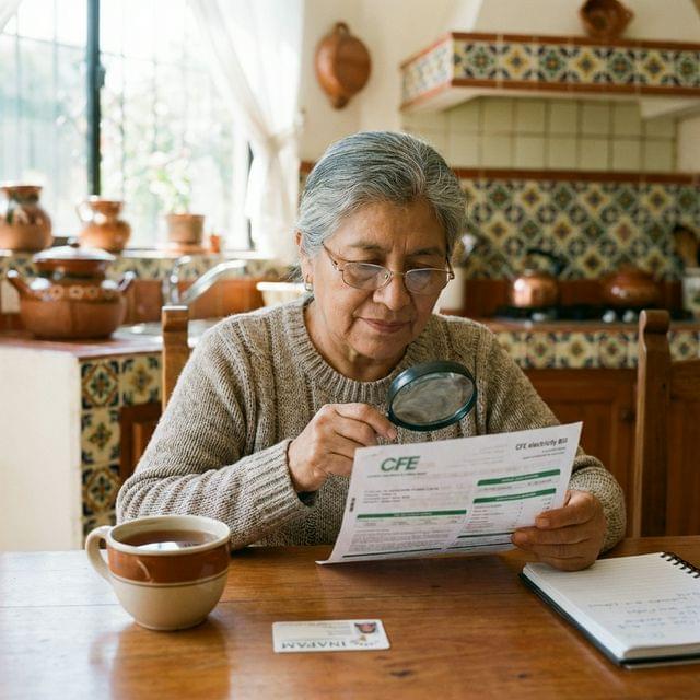 Adulto mayor revisando su recibo de luz de la CFE con detenimiento